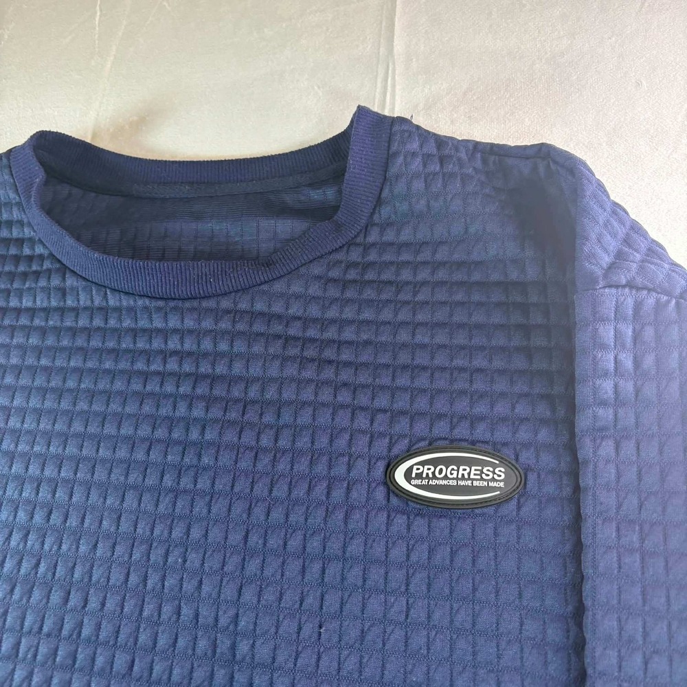 Progress Mens Navy Blue Quilted Textured Grid Crew Neck Sweatshirt Pullover - Picture 3 of 5